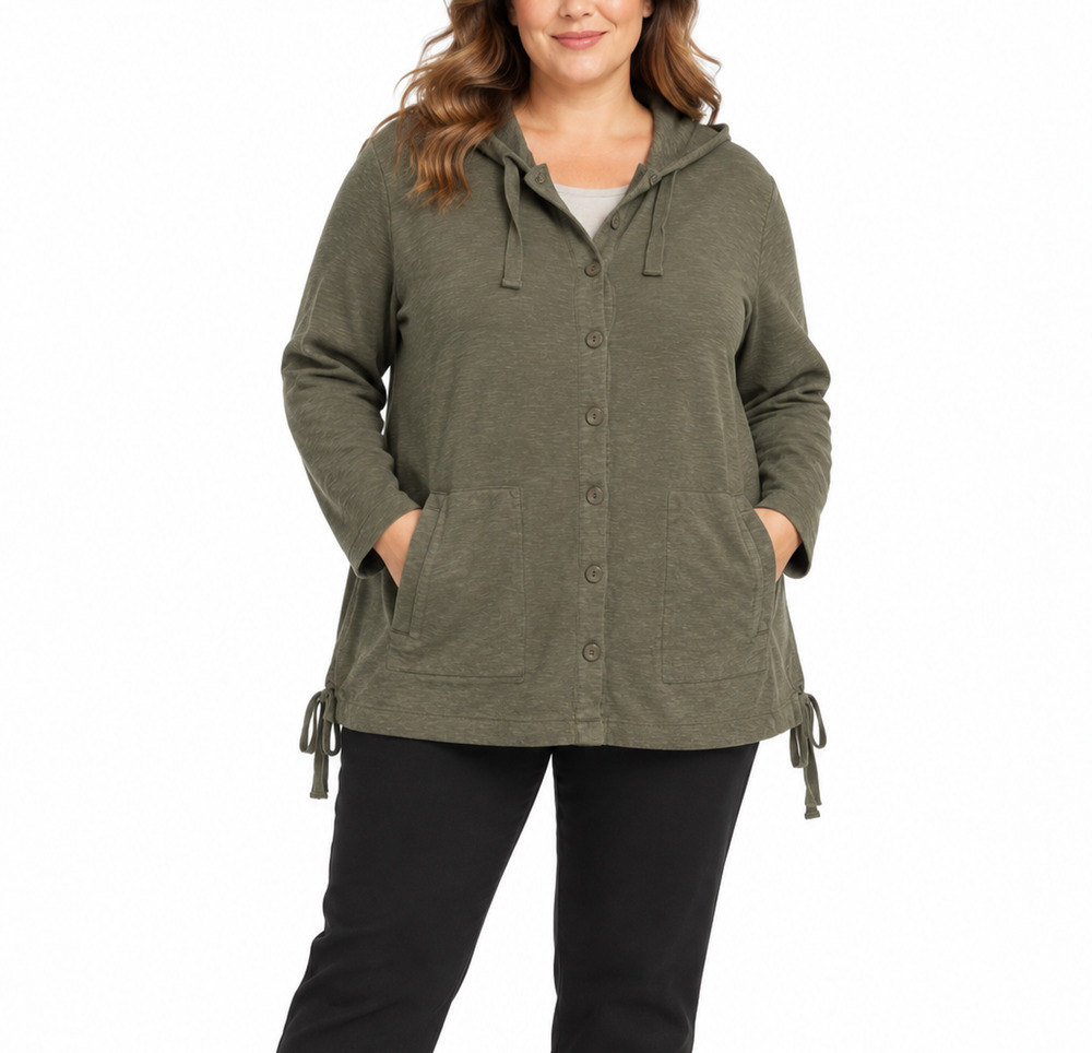 J. Jill Women 2X Olive Cotton Linen Hooded Button Cardigan Jacket Drawstring
